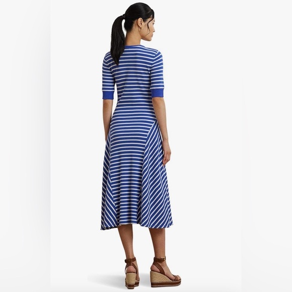 Lauren Ralph Lauren Striped Waffle-Knit Cotton Henley Dress Midi Blue White Sz M - Picture 2 of 10